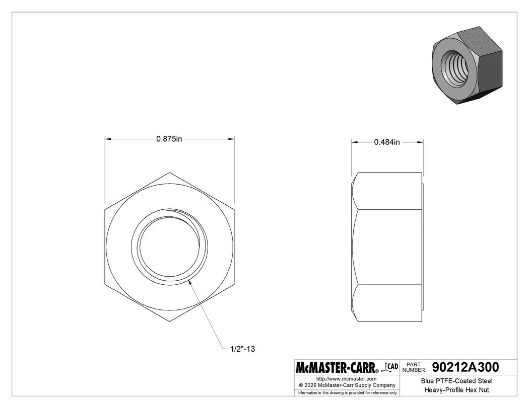 Technical Drawing of Blue PTFE-Coated Steel Heavy-Profile Hex Nut, 1/2"-13 Thread Size.
